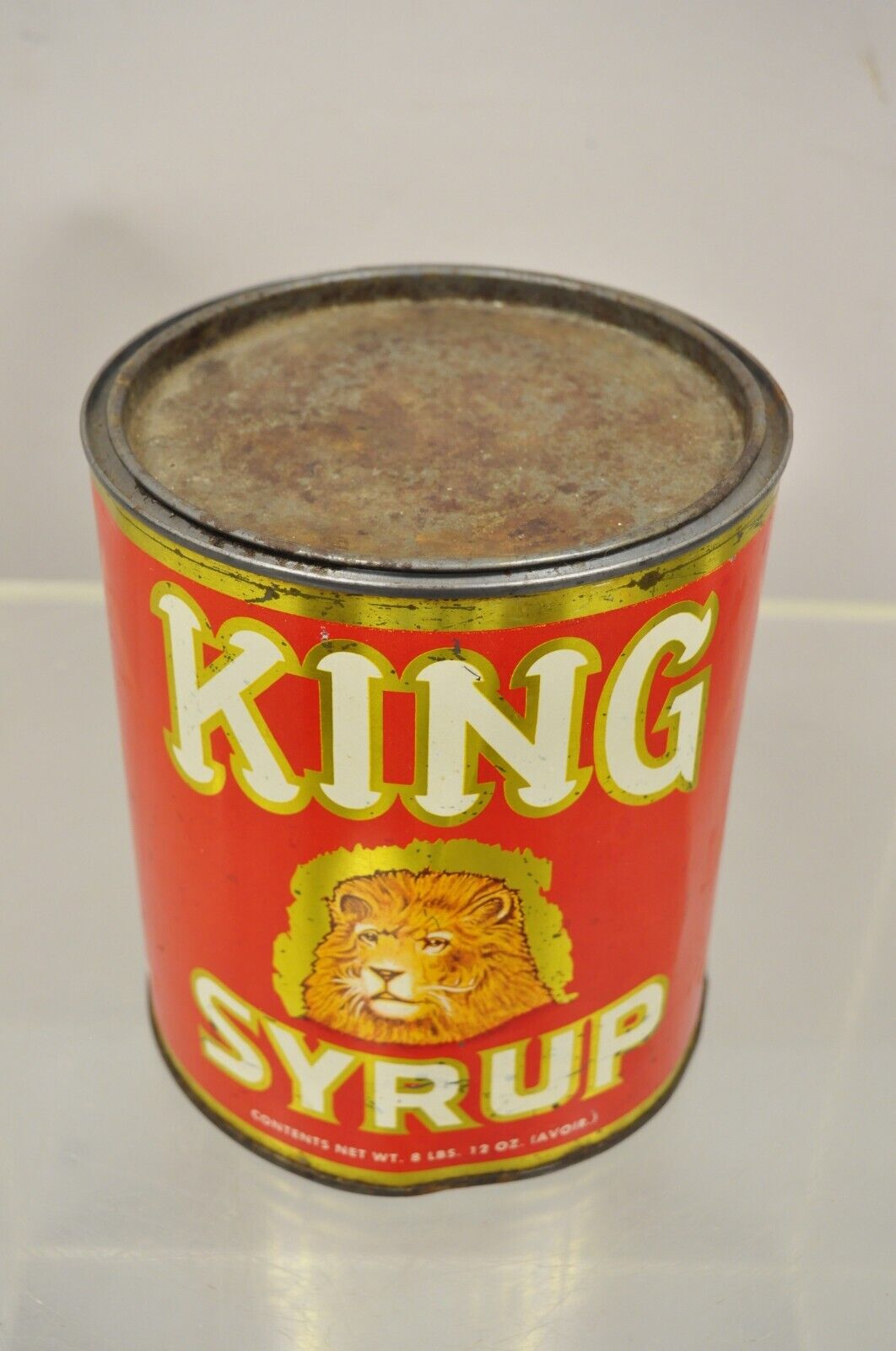 Vintage King Syrup Lion Head Tin Can Advertisement 8 lbs Mangels Herold (H)