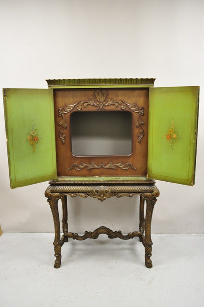 Antique French Renaissance Green Distress Painted Radio Cabinet Bar Cupboard