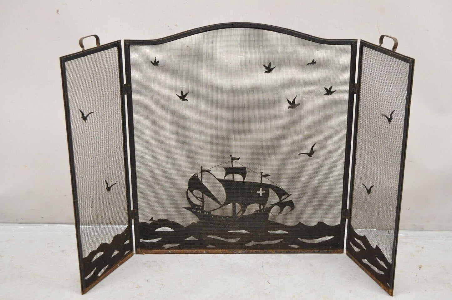 Vintage Nautical Clipper Ship Boat Metal Folding Fireplace Screen Firescreen