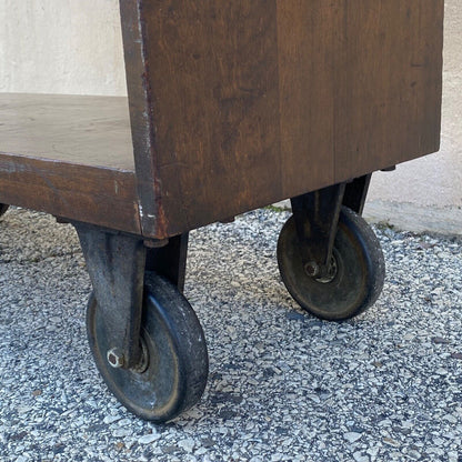 Vtg Arts & Crafts Wooden Rolling Library Book Cart Bookshelf Cast Iron Wheels