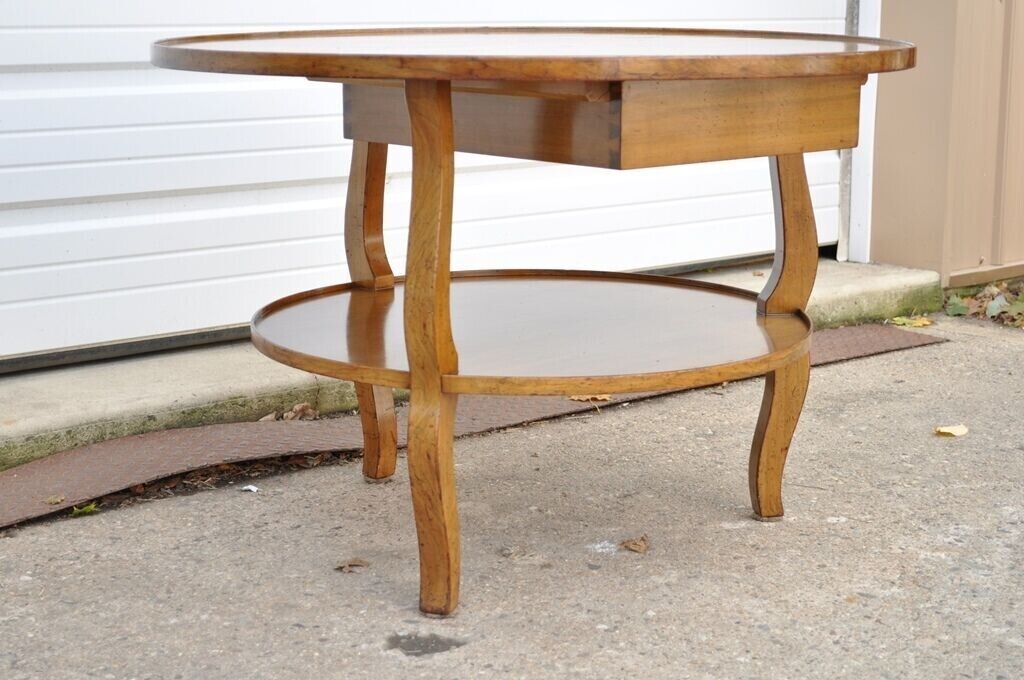 Vintage French Country Provincial Round Cherry Occasional Side Table w/ Drawer