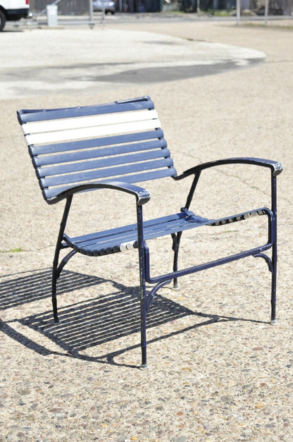 Vintage Faux Bamboo Aluminum Vinyl Straps Blue Patio Lounge Chair and Ottoman