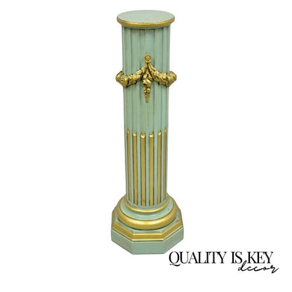 Italian Neoclassical French Empire Green & Gold Painted Wooden Column Pedestal