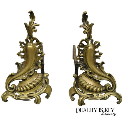 Antique French Rococo Baroque Style Brass Leafy Acanthus Andirons - a Pair