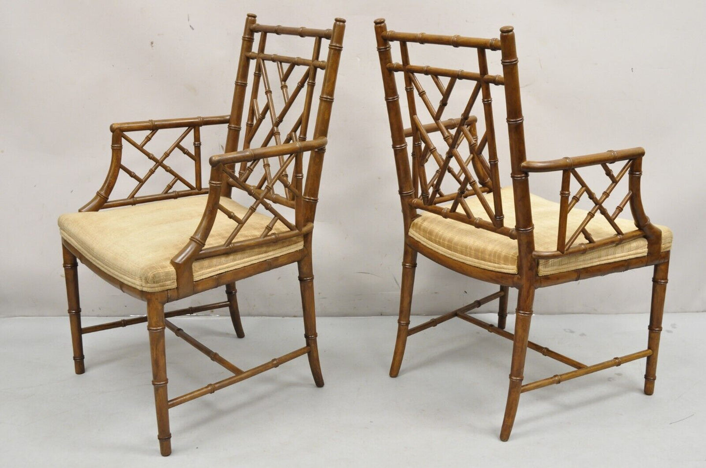 Hollywood Regency Faux Bamboo Fretwork Chinese Chippendale Arm Chairs - Pair