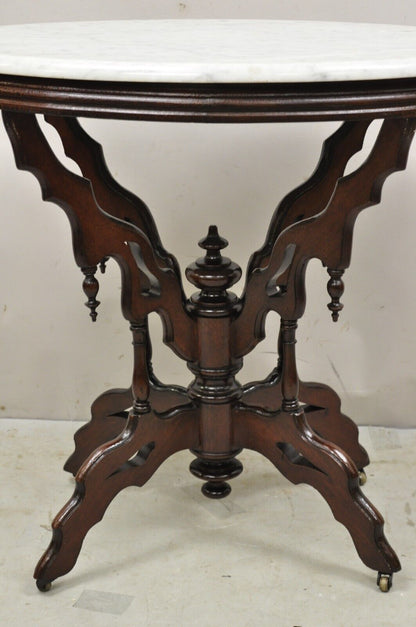 Antique Eastlake Victorian Walnut Oval Marble Top Parlor Lamp Table