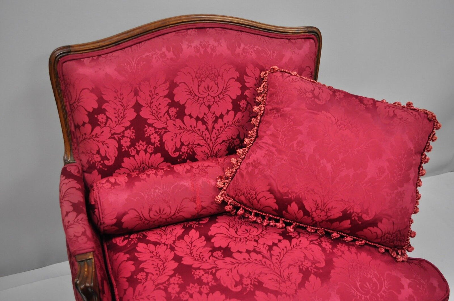 Antique French Country Louis XV Style Walnut Burgundy Small Wingback Settee