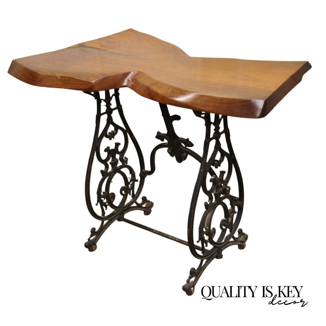 William Herrick Cast Iron Sewing Machine Base Desk Console Table Live Edge Top