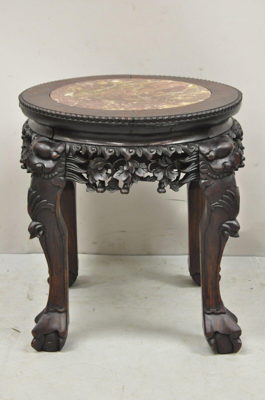 Antique Chinese Carved Hardwood Foo Dog Marble Top 18" Plant Stand Side Table