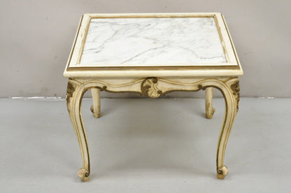 Vintage French Louis XV Style White Painted Marble Top Small Square Coffee Table