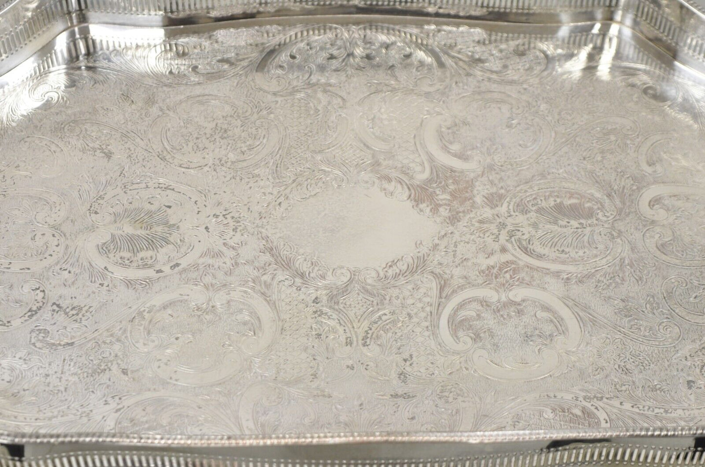 Vintage Victorian Silver Plated Pierced Gallery Scalloped Serving Platter Tray