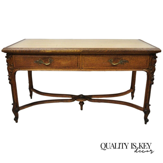 Antique French Victorian Louis XV Style Oak 2 Drawer Writing Desk Console Table