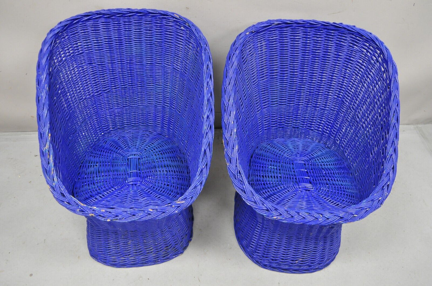 Vintage Mid Century Modern Blue Painted Wicker Rattan Pod Club Chairs - a Pair