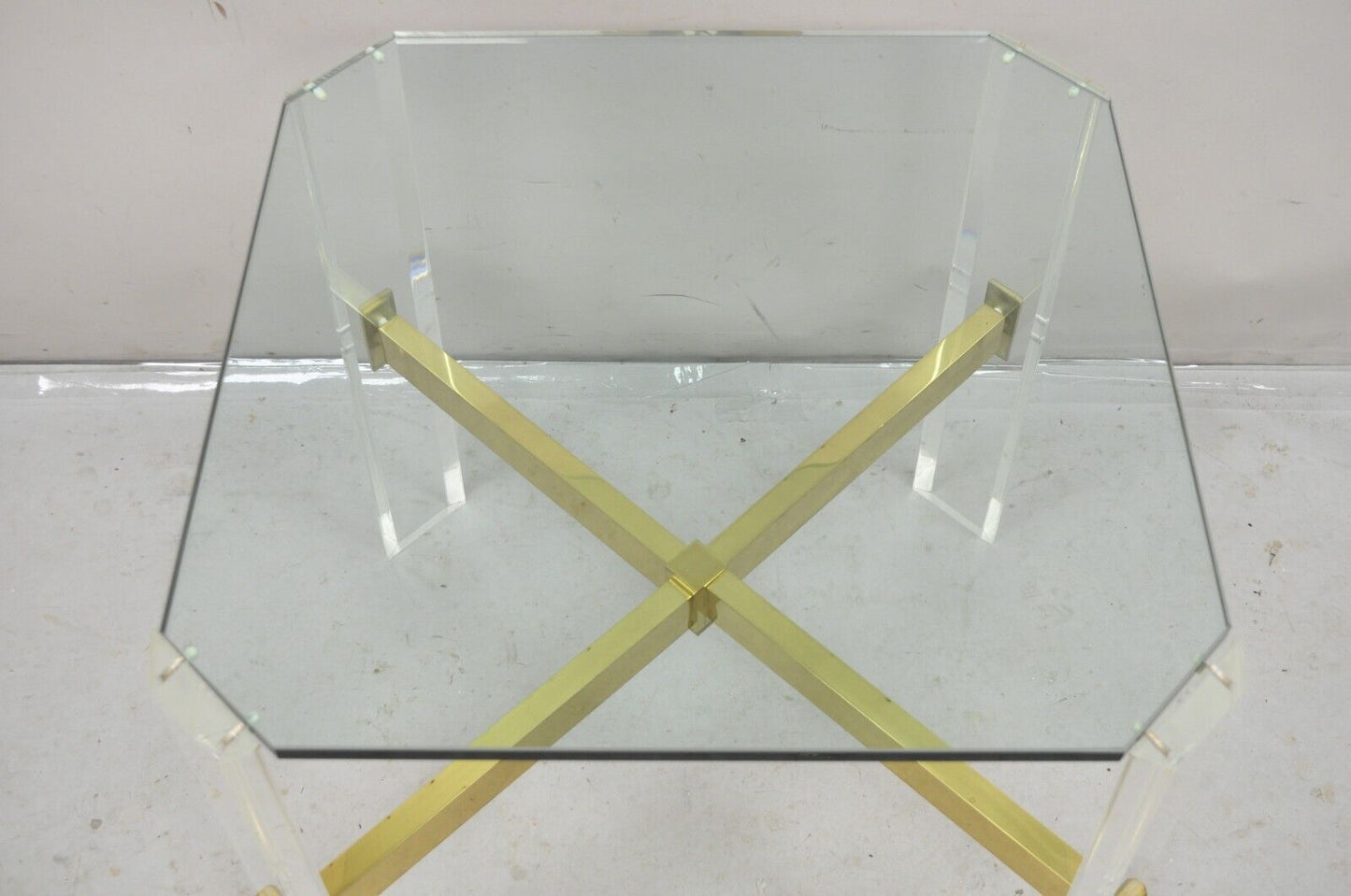 Mid Century Modern Lucite & Glass Top Occasional Side Table w Brass Stretcher