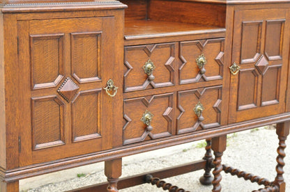 Antique English Jacobean Renaissance Spiral Barley Twist Oak Sideboard Buffet