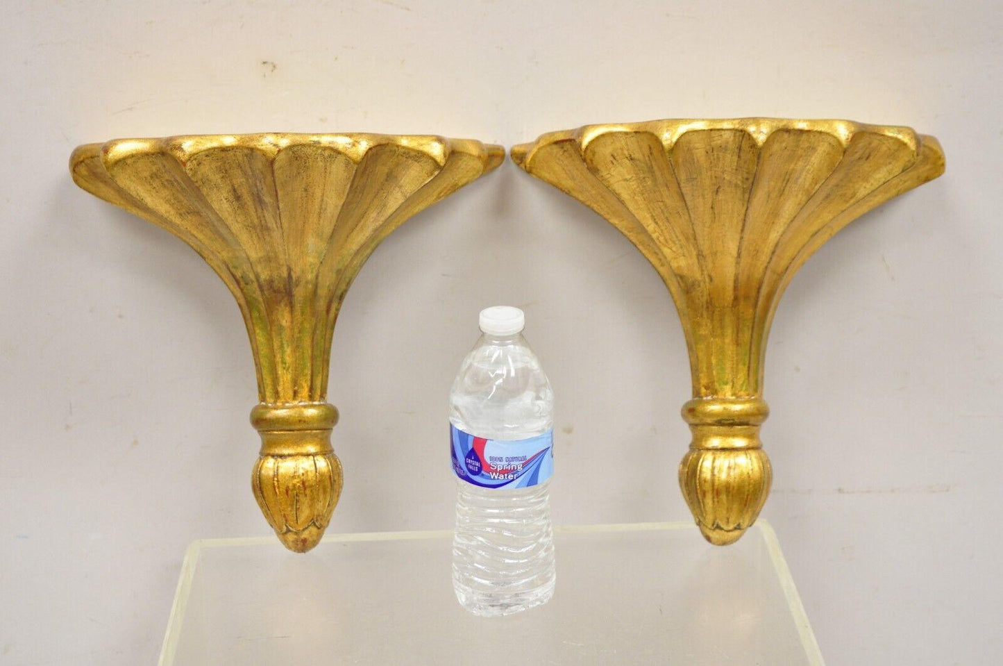 Maitland Smith Distressed Gold Gilt Fluted Fan Design Wall Shelf Bracket - Pair