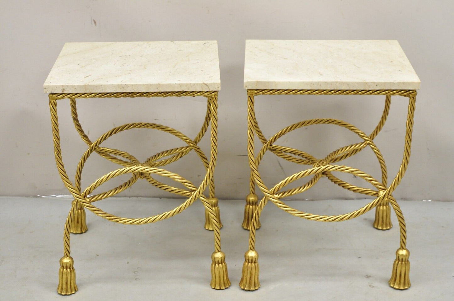 Italian Hollywood Regency Gold Gilt Iron Rope Tassel Marble Top Side Table Pair