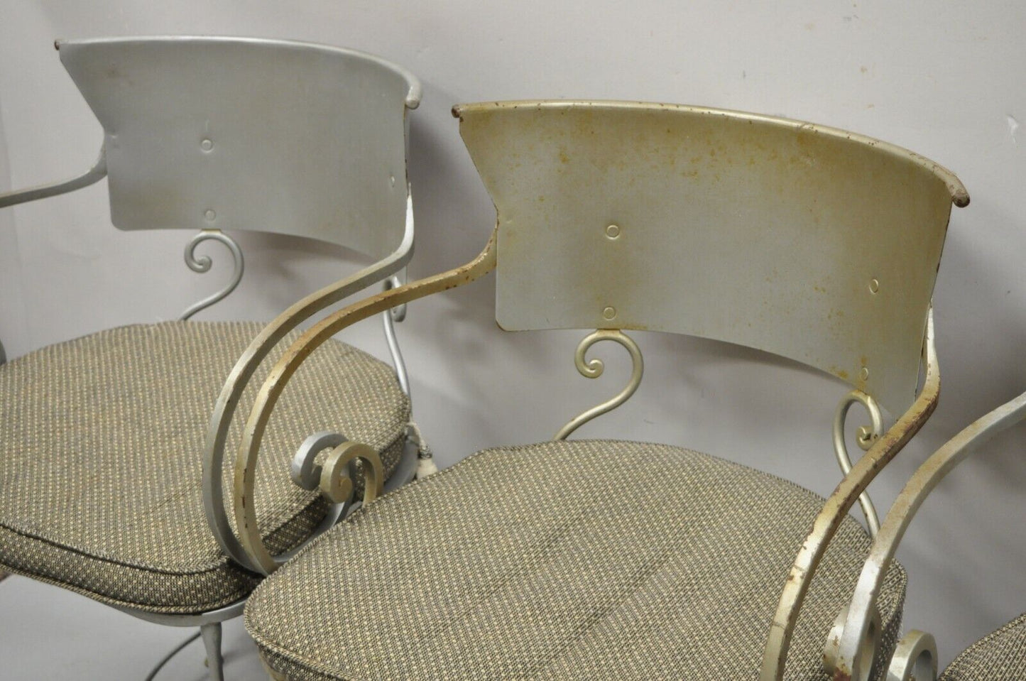 Vintage Steel Metal Hollywood Regency Scrolling Arm Dining Chairs - Set of 4