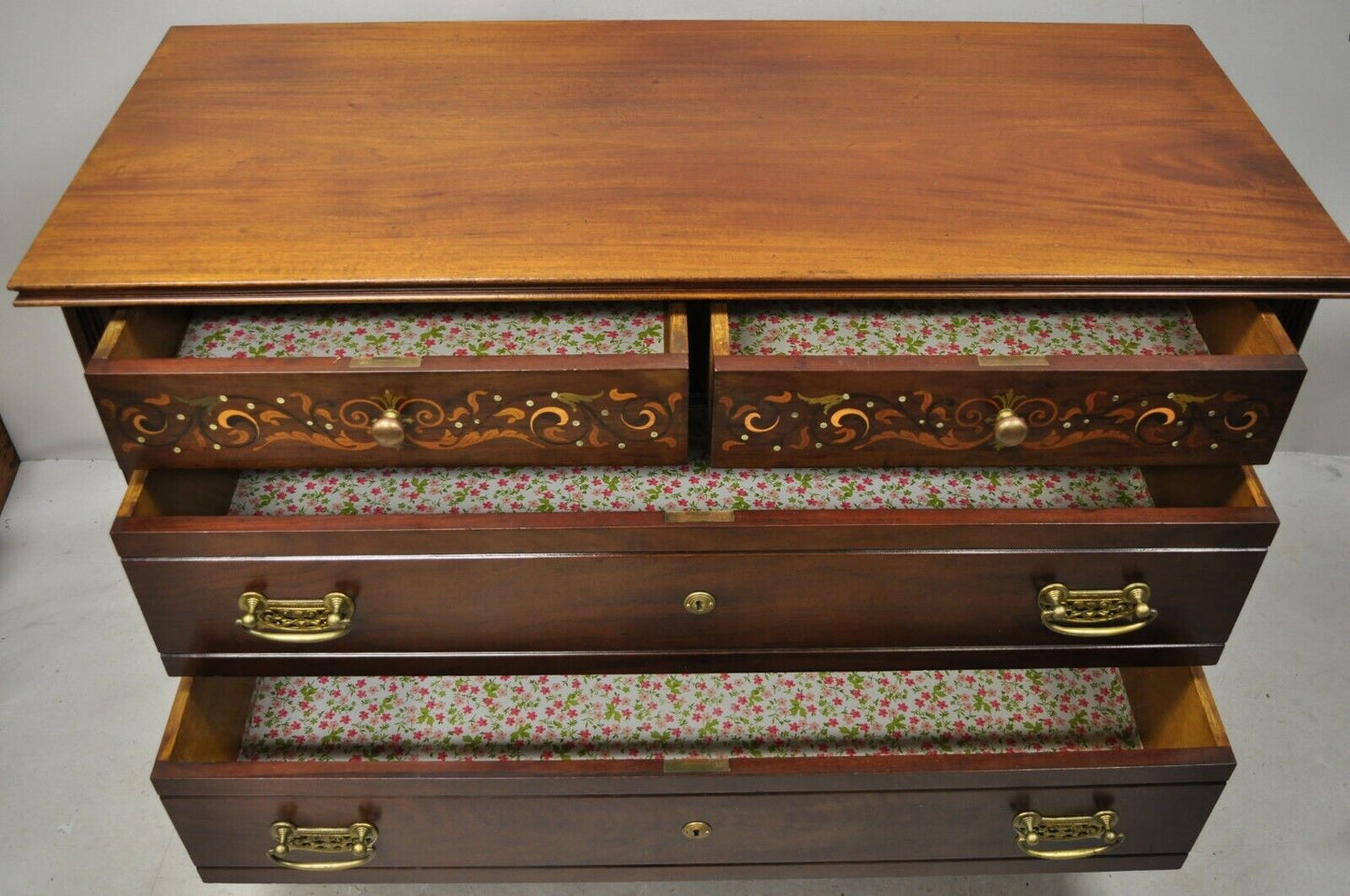 Antique Herts Brothers Edwardian Bronze & Satinwood Inlay Mahogany Chest Dresser