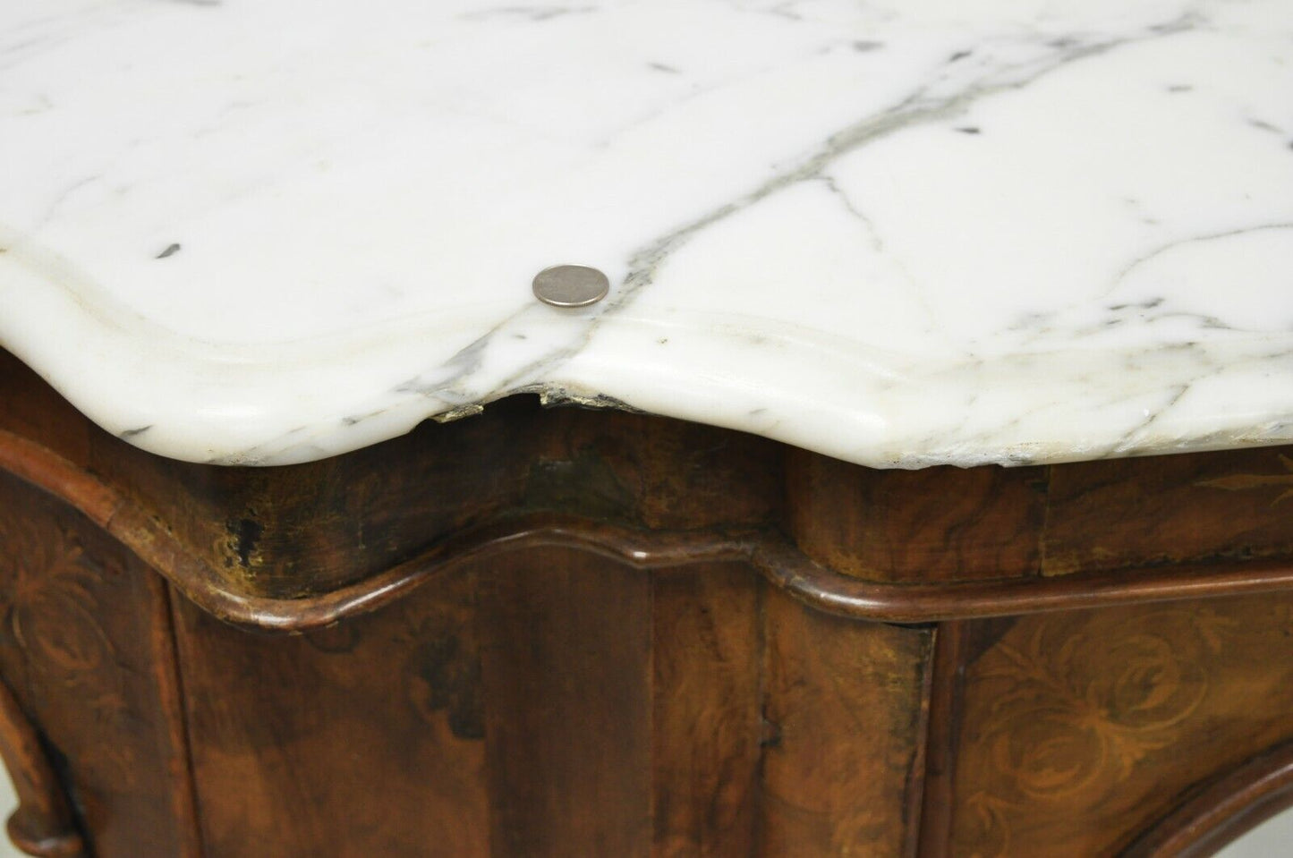 Antique Victorian Burr Wood Walnut Serpentine Marble Top Sideboard Credenza