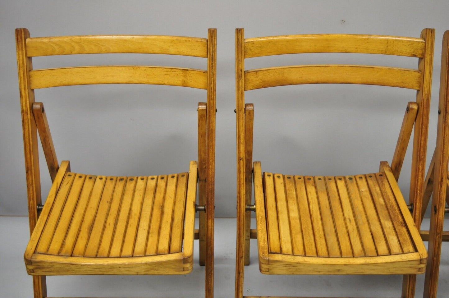 4 Vintage Wood Slat Seat Mid Century Modern Folding Dining Game Chairs