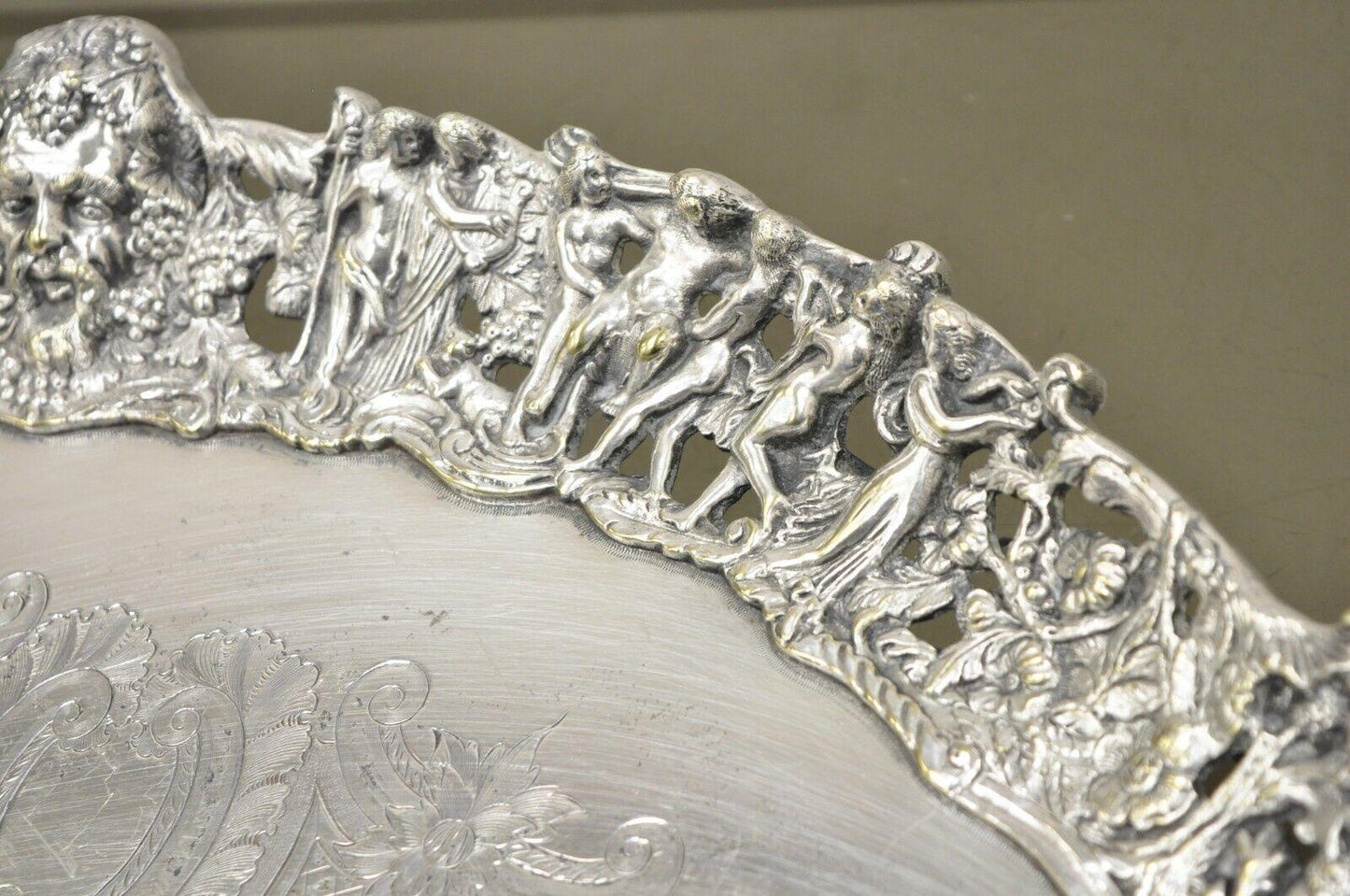 French Renaissance Bacchanal Scene Silver Plated Bacchus Figural Salver Tray