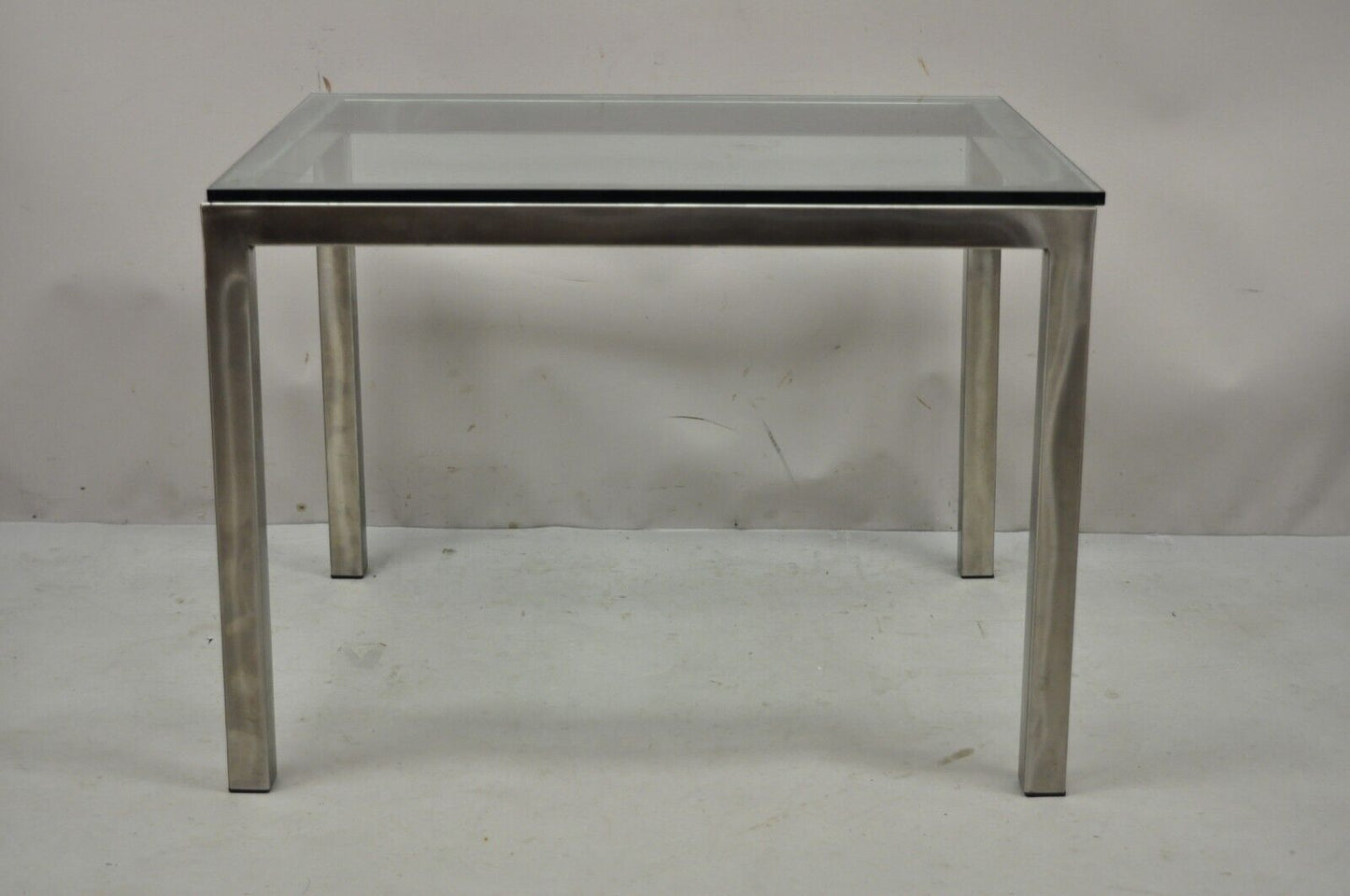 Mid Century Modern Brushed Metal Glass Top Baughman Style Side Table