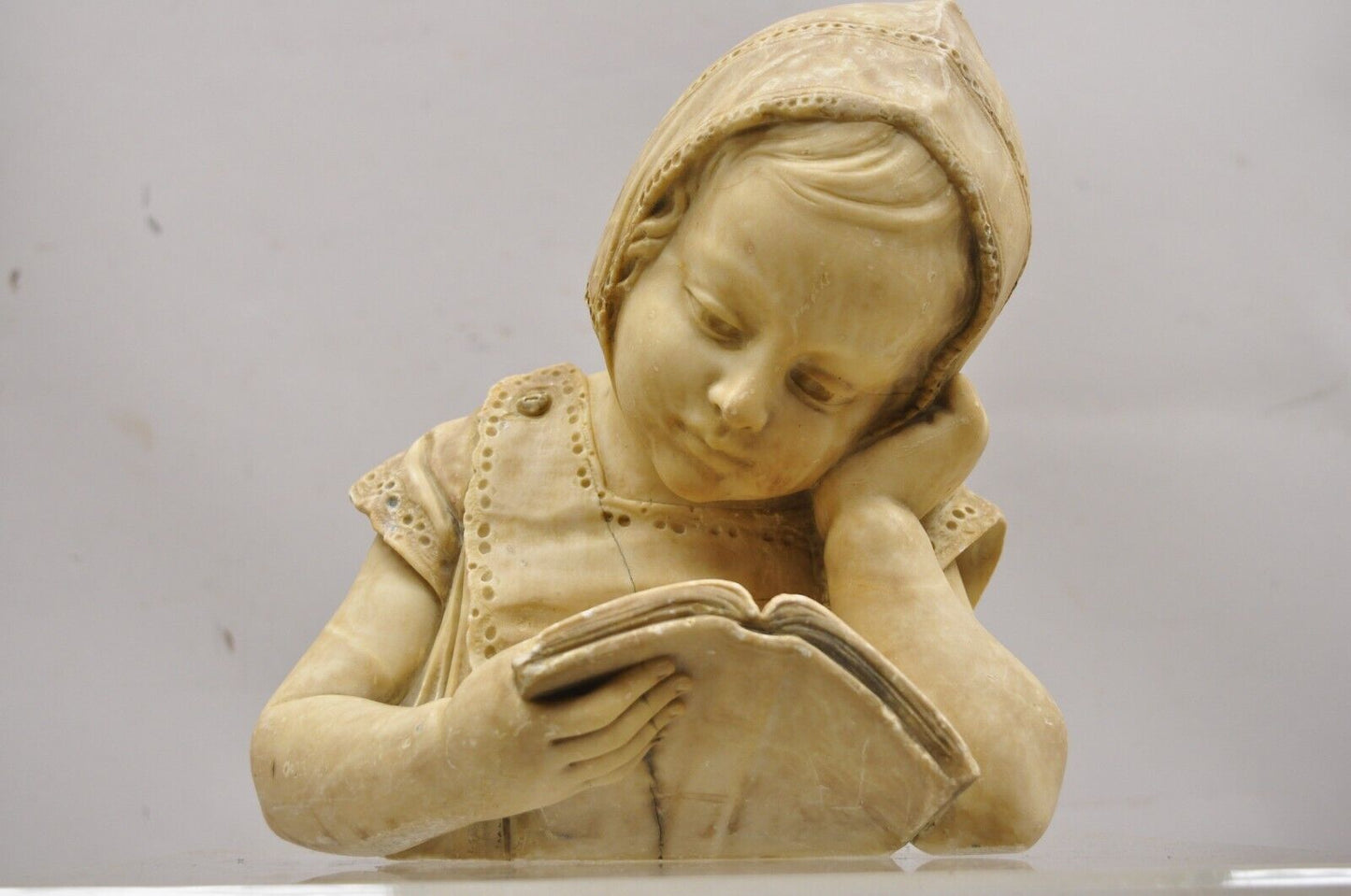 Antique Victorian Carved Italian Marble Bust Girl Reading Book Statue Sculpture