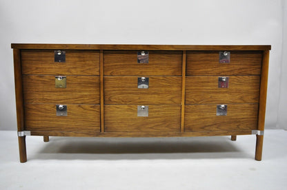 Vintage Mid Century Modern Walnut & Chrome 9 Drawer Credenza Dresser w/ Mirror