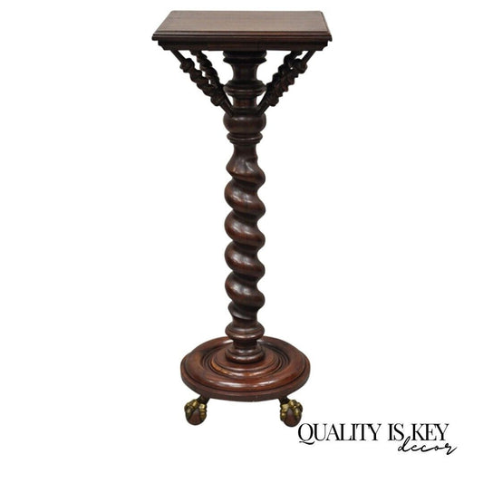 Antique Empire Victorian Walnut Barley Twist Spiral Carved Pedestal Stand