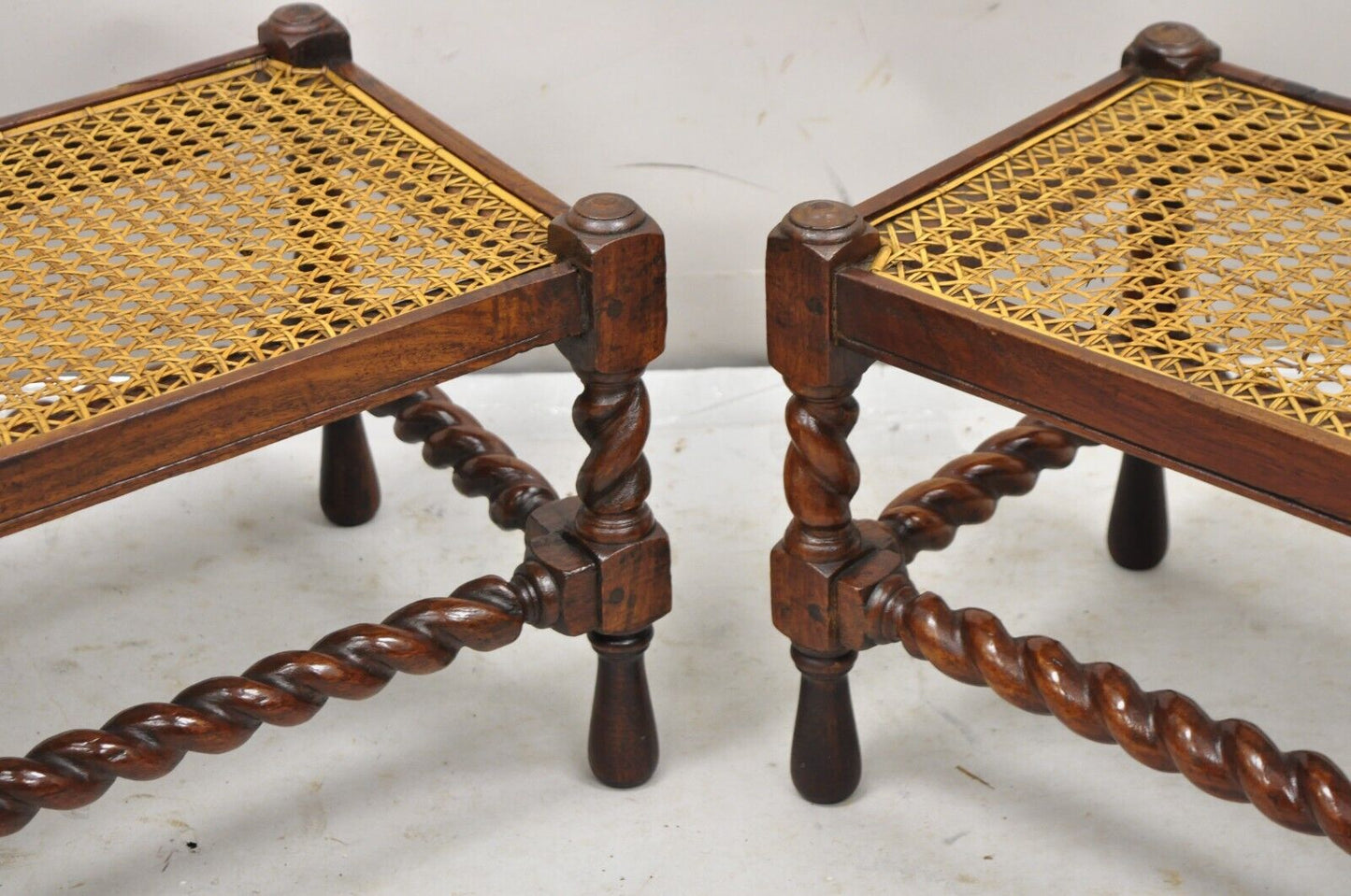 Antique Jacobean Turn Carved Walnut Handmade Cane Seat Footstool Ottoman - Pair