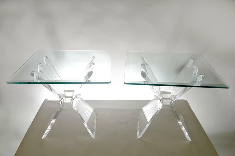 Pair of Mid Century Modern Lion in Frost Lucite Butterfly Glass Top End Tables