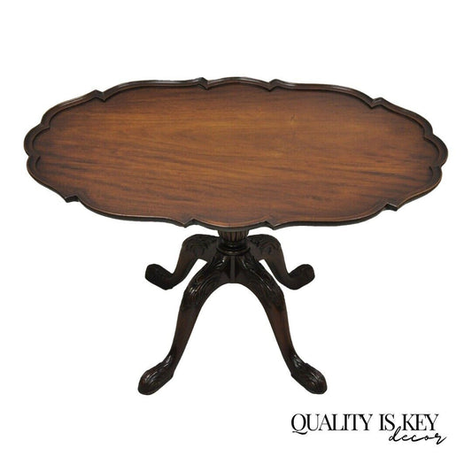 Mahogany Chippendale Style Tilt Top Pedestal Base Scalloped Oval Coffee Table