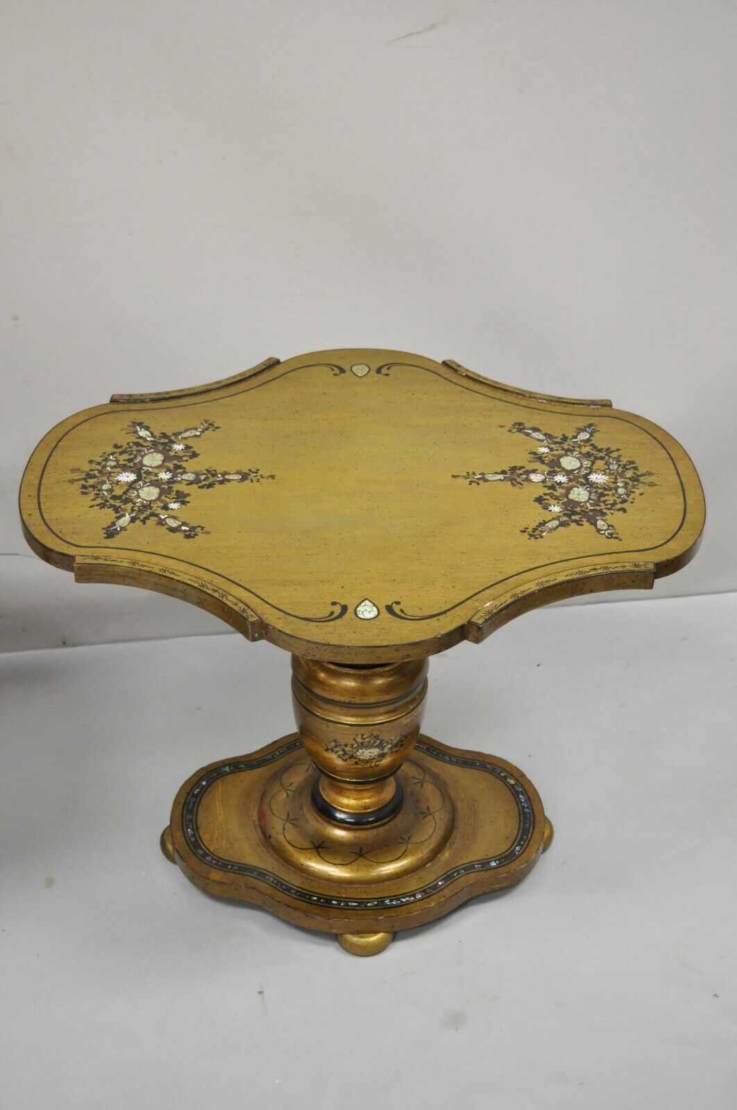 Mediterranean Gold Leaf Low Pedestal Side Tables Mother of Pearl Inlay - a Pair