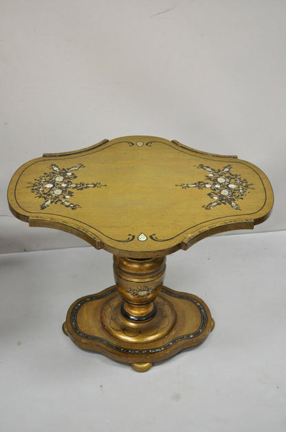 Mediterranean Gold Leaf Low Pedestal Side Tables Mother of Pearl Inlay - a Pair