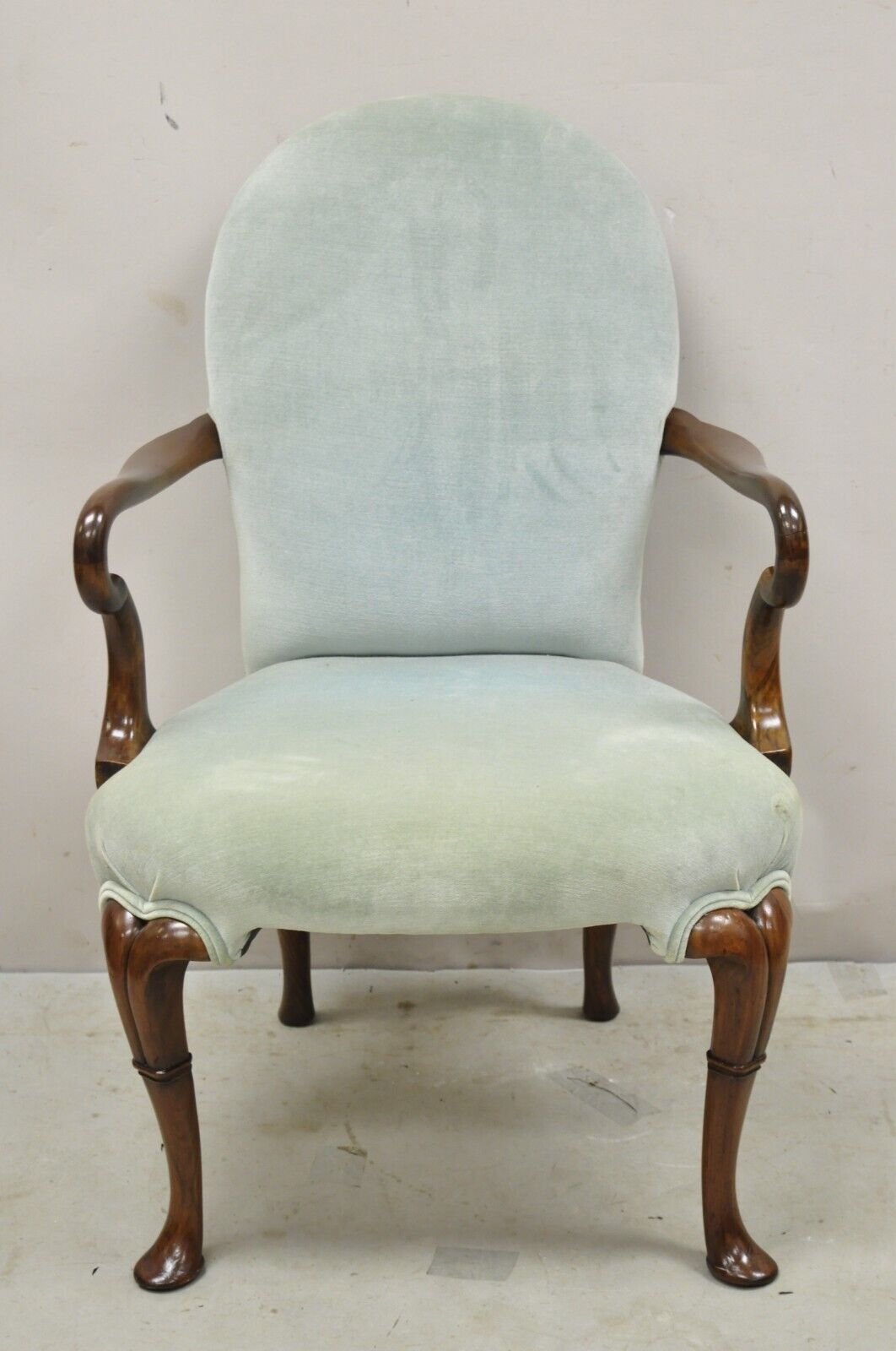 Vintage English Queen Anne Style Mahogany & Walnut Gooseneck Blue Arm Chair