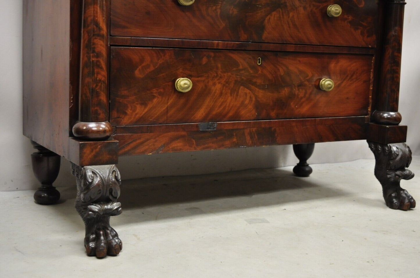 Antique American Empire Crotch Mahogany Chest Drawers Step Back Dresser Paw Feet