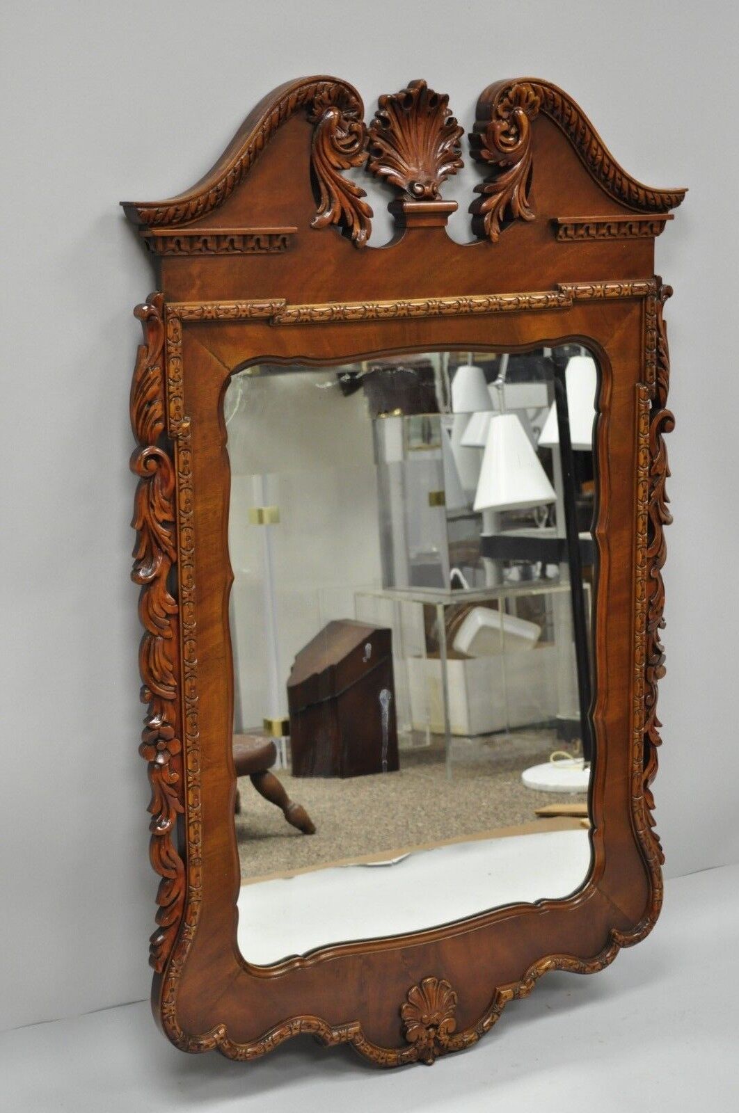 Mahogany Chippendale Style Shell Carved Broken Arch Wall Console Hall Mirror