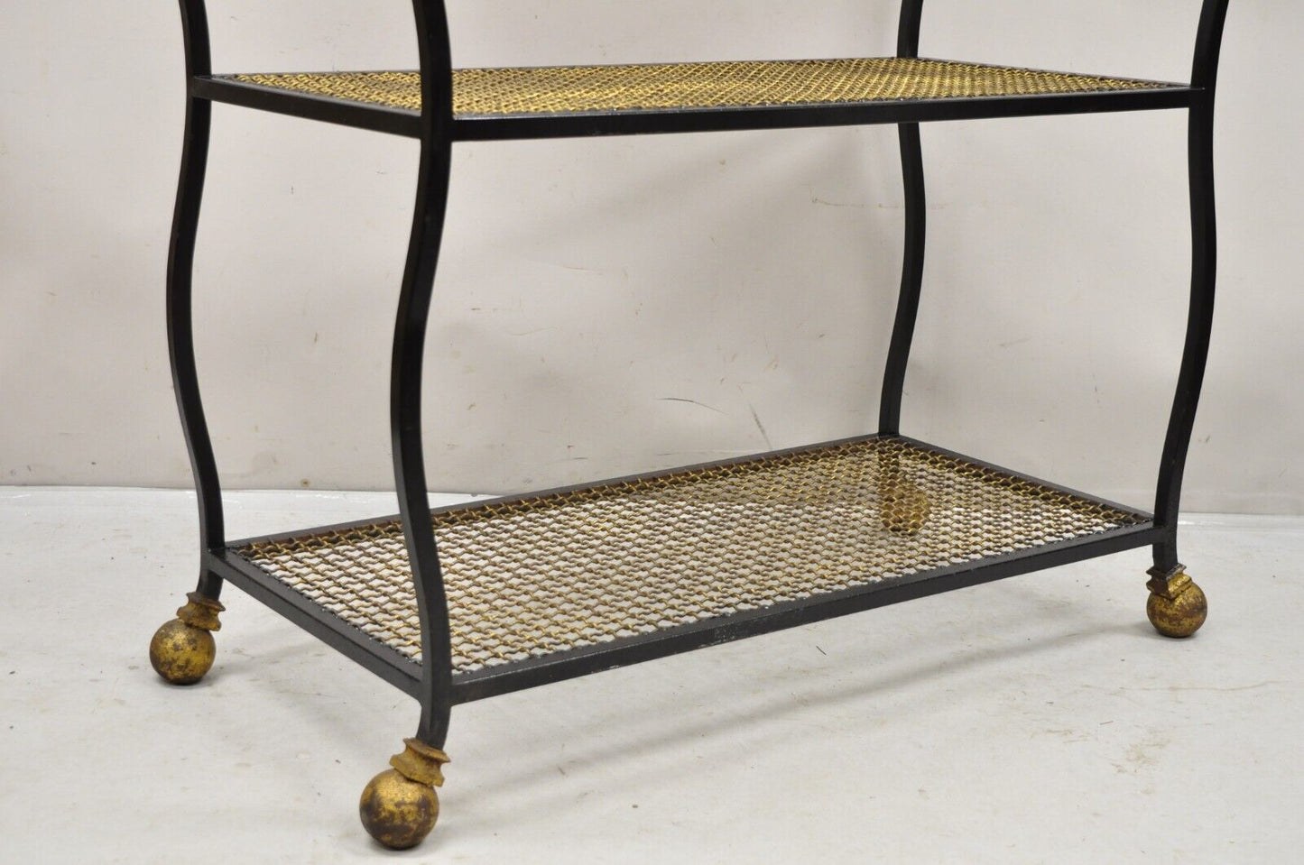 Vintage Italian Hollywood Regency Wrought  Iron Black and Gold Bookshelf Etagere