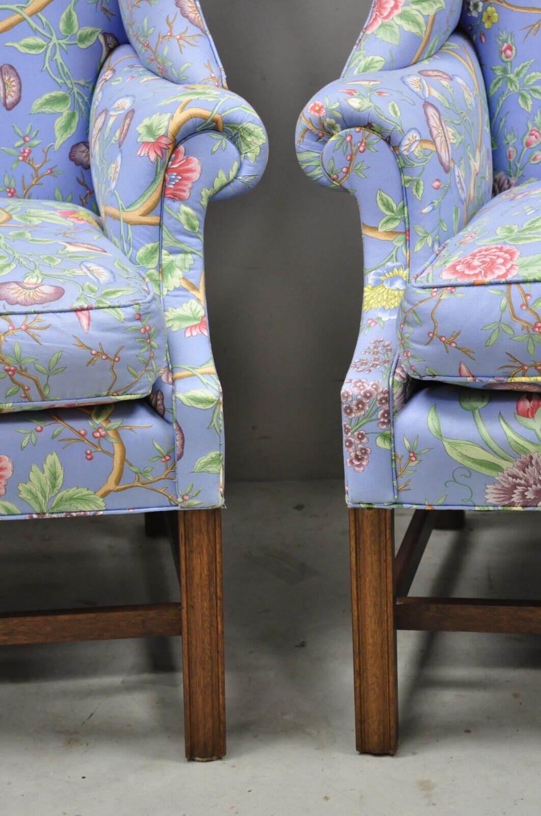 Vintage English Edwardian Style Mahogany Blue Floral Wingback Chairs - a Pair