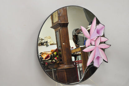 Vintage American Art Nouveau Modern Pink Frosted Glass Flower 36" Round Mirror