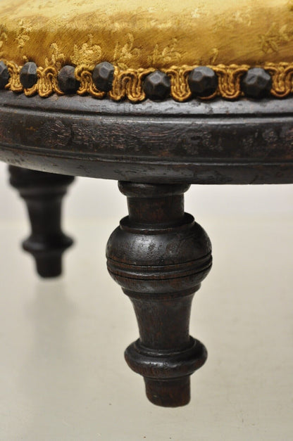 Antique Jacobean Mahogany Round Small Footstool Ottoman with Turn Carved Legs