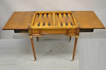 French Louis XVI Style Cherry Wood Flip Top Game Table With Brass Wheels