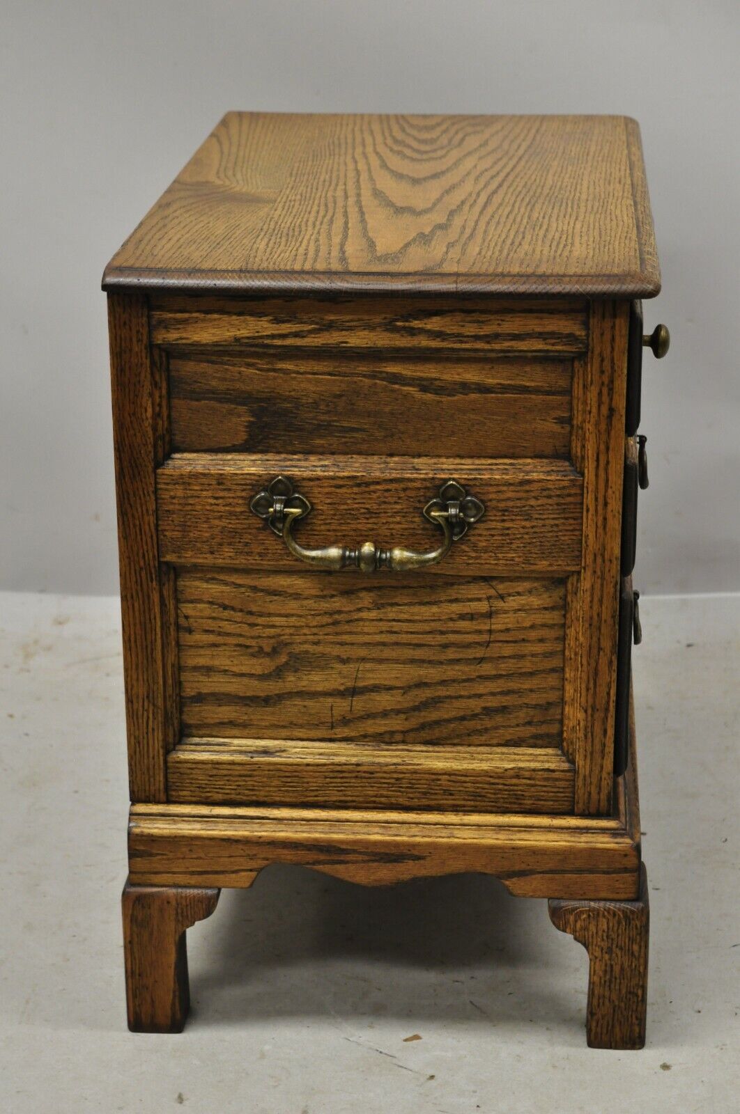 Vintage English Colonial Miniature Oak Wood Small Campaign Chest Side Table