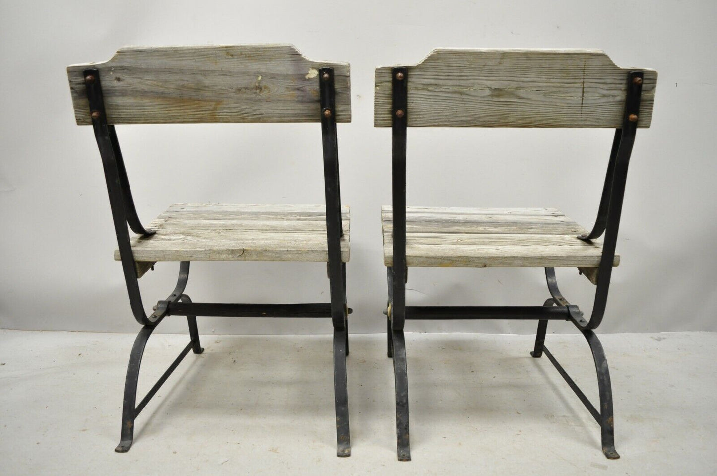 Antique French Industrial Wrought Iron Wooden Slat Seat Side Chairs - a Pair