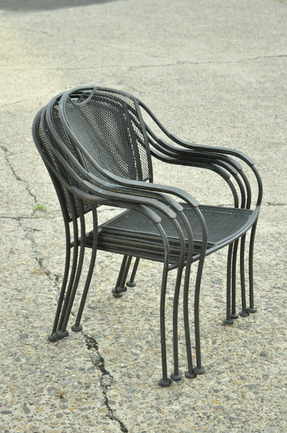 20th C Modern Wrought Iron Sculptural Black Outdoor Arm Chairs - Set of 4