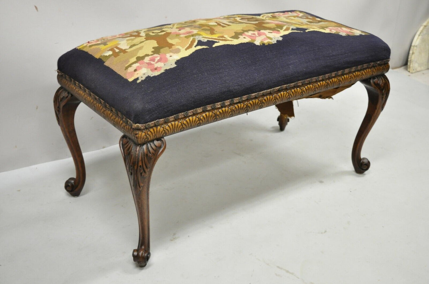 Antique French Victorian Needlepoint Carved Cabriole Leg Mahogany Bench