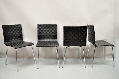 Modern Black Woven Leather Chrome Frame Dining Chairs - Set of 4