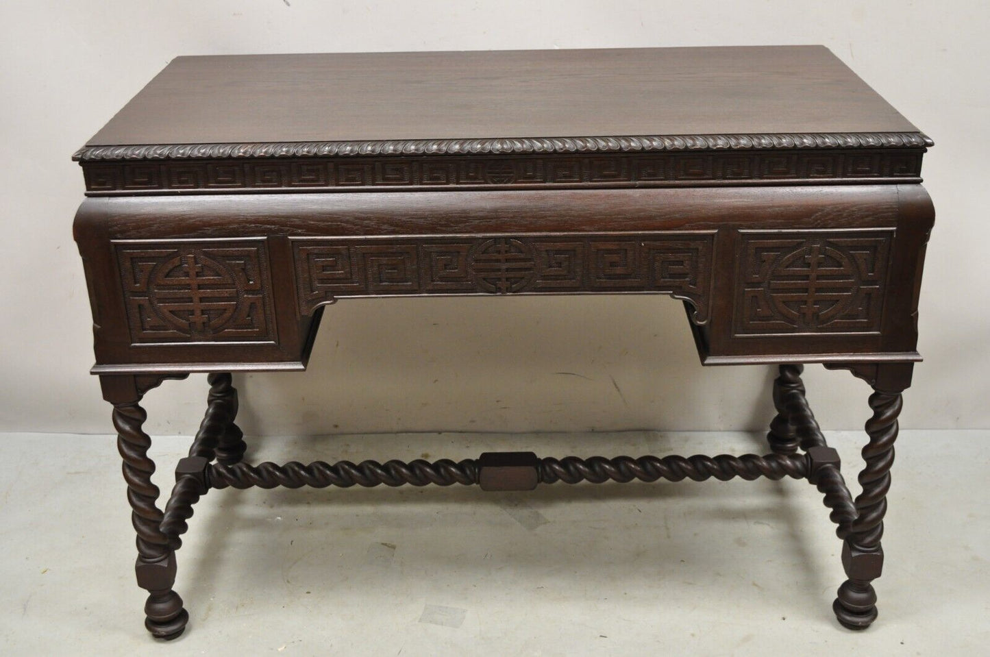 Antique Jacobean William and Mary Greek Key Carved Mahogany 3 Drawer Desk