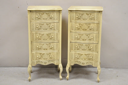 Pair Vtg French Country Provincial Style Cream Painted 5 Drawer Chest Nightstand